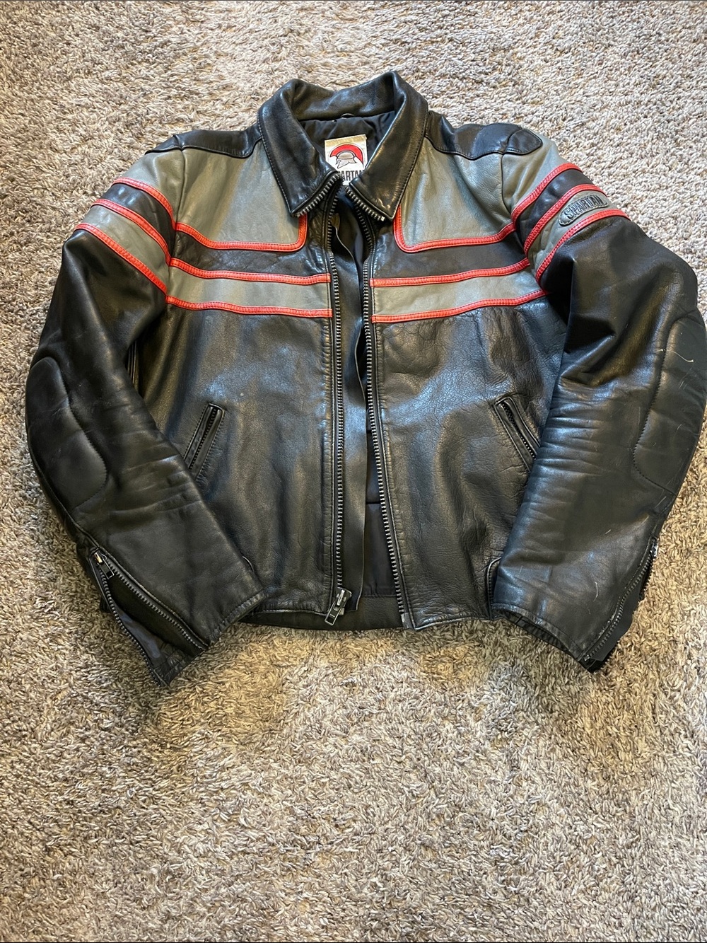 Vintage Men's Black Leather Moto Jacket with Red Stripe Accents